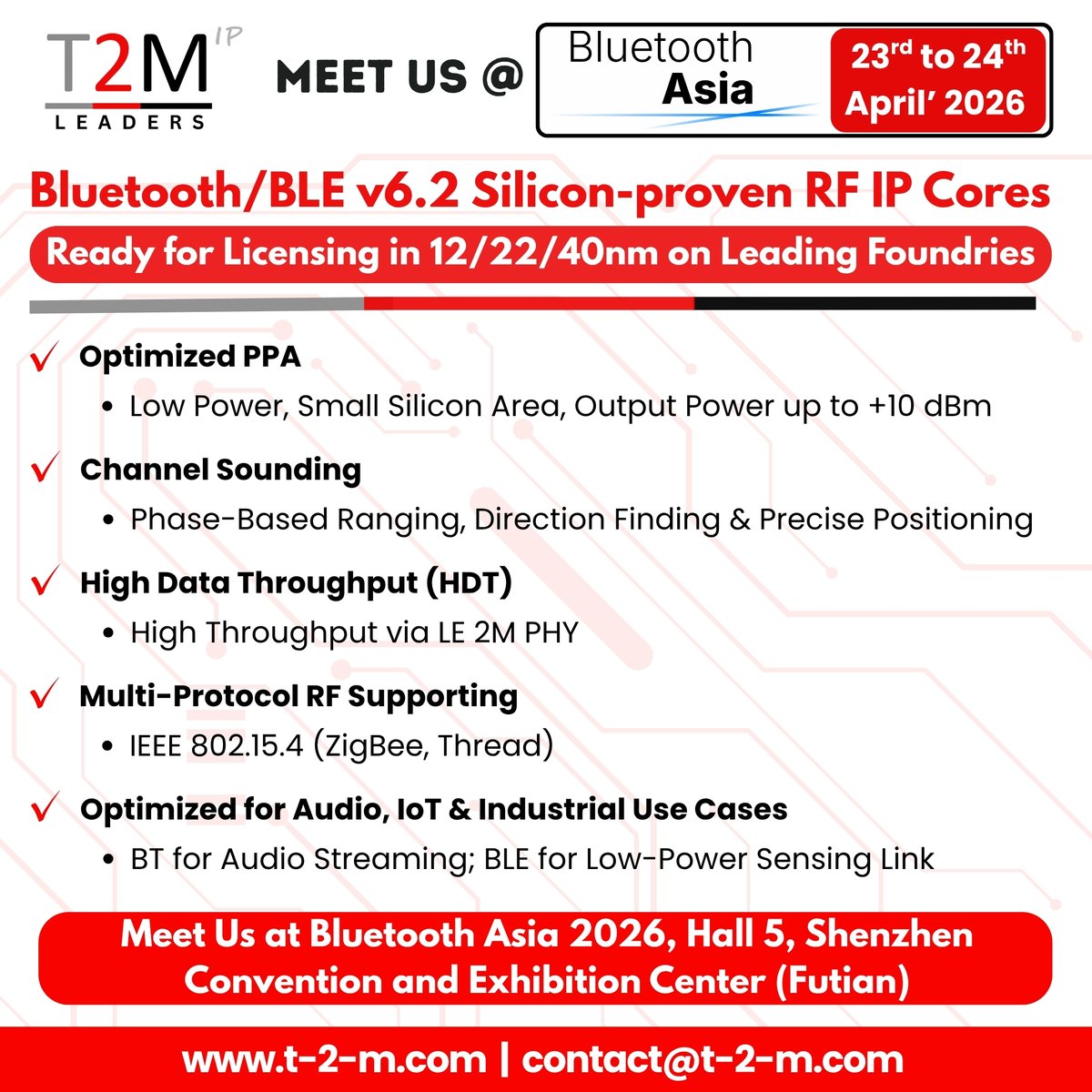 T2M_IP's tweet photo. T2M IP is gearing up for Bluetooth Asia 2026!
 
Join us to explore our cutting-edge Wireless RF IP Cores built for next-generation connectivity and superior performance. 
🌐 https://t.co/ZQM7q6GWY2
📩 contact@t-2-m.com
 
#BluetoothAsia2026 #T2MIP #WirelessRFIP #BluetoothLE #WiFi6 https://t.co/UKmZmMaOcQ