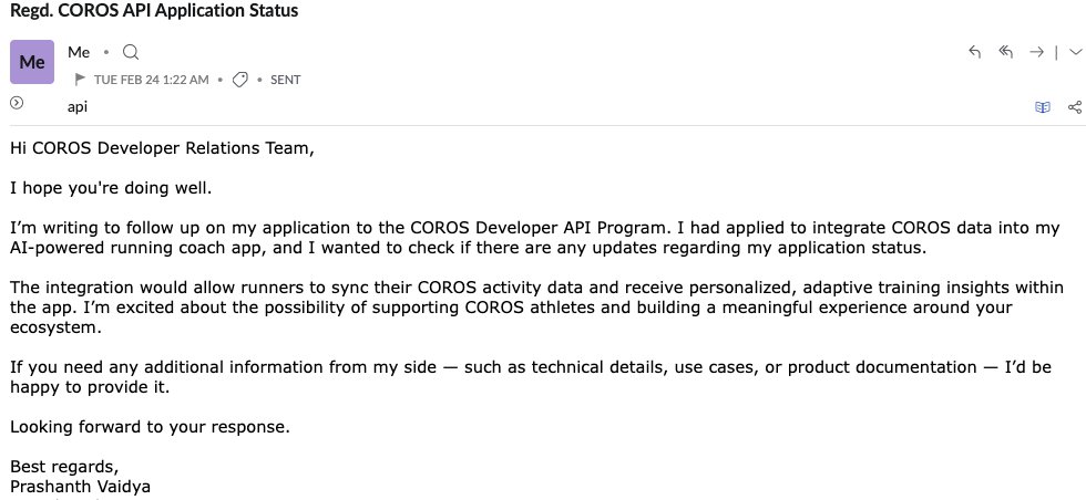 thecodemarathon's tweet photo. @COROSGlobal Can you guys please reply? 😅

Been following up multiple times regarding my COROS API Application, but keep getting ignored. 

Have even followed up on Linkedin with a few of your employees, again no reply. 

Please do better to developers. https://t.co/IjqKKghSpj