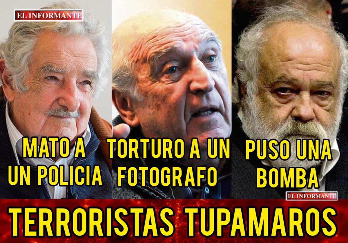🔴 𝗧𝗘𝗥𝗥𝗢𝗥𝗜𝗦𝗧𝗔𝗦 𝗧𝗨𝗣𝗔𝗠𝗔𝗥𝗢𝗦 

▶️ Estos tres terroristas llenaron de sangre a Uruguay en plena democracia:

1️⃣ José Mujica, alias "Facundo" o "Emiliano", asesinó a un policía a traición y por la espalda el 11 de enero de 1971. La inocente víctima fue el joven