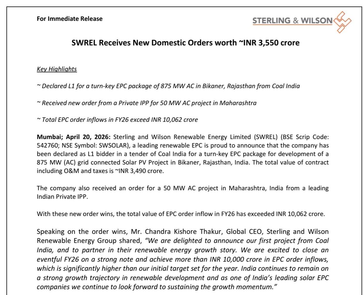 IndianStockEco's tweet image. 🚨Sterling and Wilson Renewable Energy:
👉#SWREL Receives New Domestic Orders worth ~INR 3,550 crore
#neworder #nifty #stockstowatch #stocksInFocus #stockmarketnews #nifty50