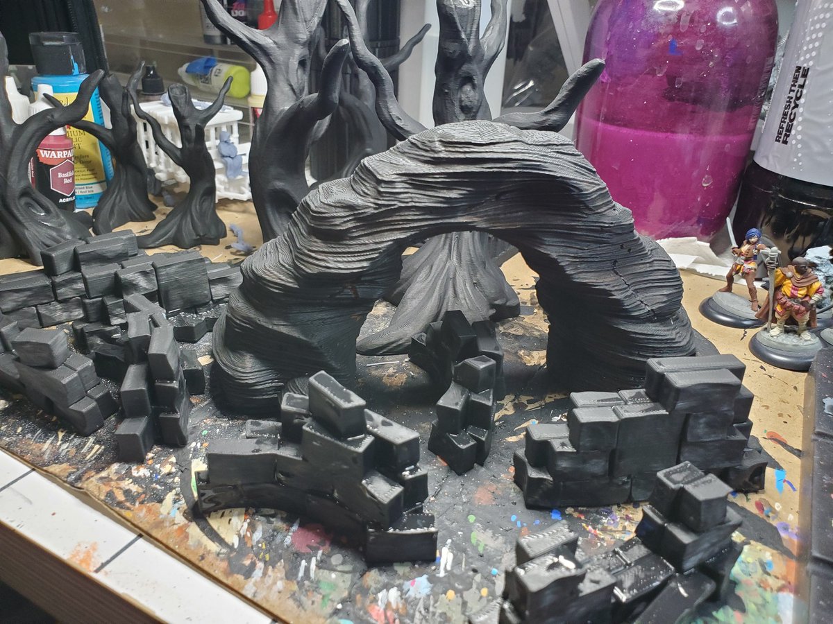 CatHultberg's tweet image. No figures painted today. @ROrr331 printed me some more terrain that I got black primer on &amp;amp; he also helped me lay out two new boards for my Fistful of Lead game. We are adding  harbor and town center boards! #miniatures #wargamingterrain #3dprinting