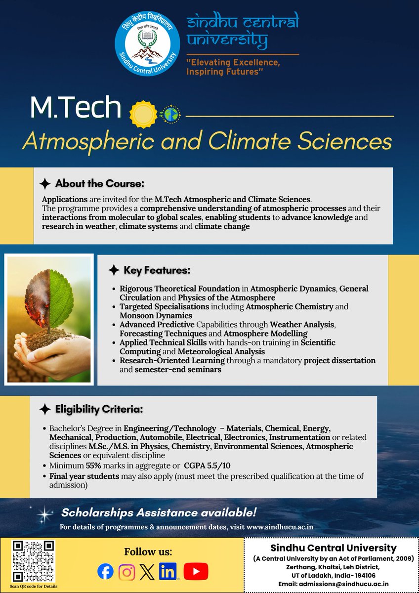SindhuCUniv's tweet image. Study M.Tech in Atmospheric and Climate Sciences at Sindhu Central University

Explore Atmospheric Dynamics, Climate Variability, Weather Forecasting &amp;amp; Climate Modelling
🎓 Scholarships Available 
⚡ Limited Seats

🔗sindhucu.ac.in
#ClimateScience #SCU