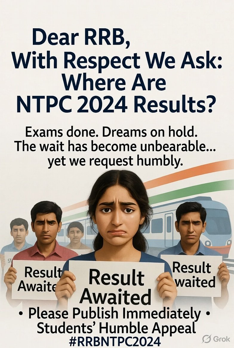 #declare_rrbntpc2024_result

#RRBNTPC2024 का रिजल्ट 19–20 महीनों से लंबित है। इतनी देरी से लाखो अभ्यर्थियो का भविष्य अधर मे लटका हुआ है।

अब NTPC 2025 मे कटऑफ पर भी असर पड़ेगा, क्योंकि 2024 के उम्मीदवार अनिश्चितता मे फिर से परीक्षा दिए हैं।

<a href="/RailMinIndia/">Ministry of Railways</a> कहा सोए हुए हो 😴!!