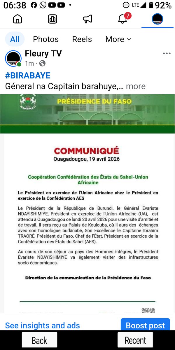 Burikukiye1623's tweet image. #BIRABAYE
Géneral na Capitain barahuye,
Kuri uno wa mbere igenekerezo rya 20/02026 Nyenicubahiro EVARISTE NDAYISHIMIYE arindiranywe igishika cinshi muri #Burkina_Faso kwa #TRAORE aho baza gupfundikira vyinshi, akazi, kivandimwe mbere aze no kugendera ibikorwa bitandukanye #FASO