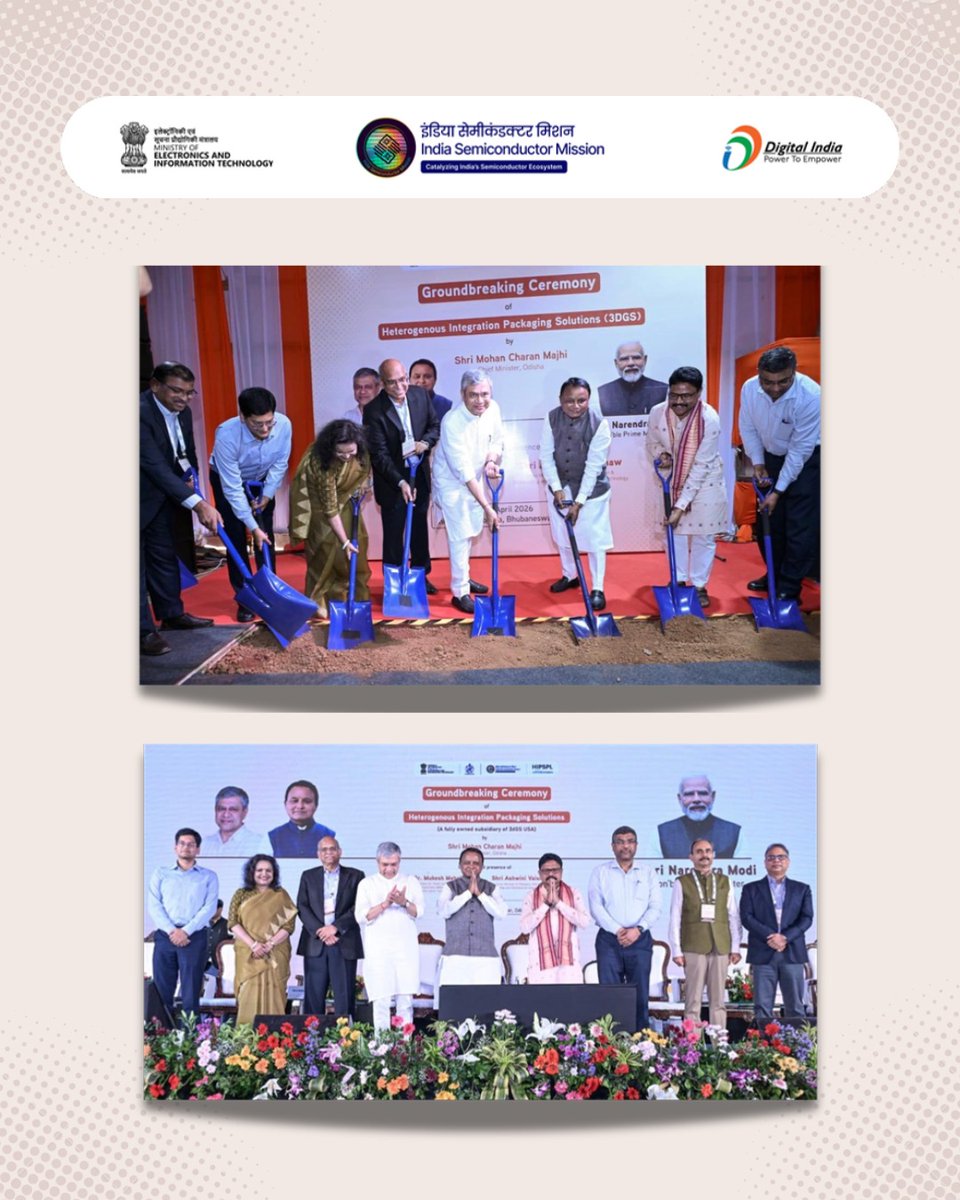 SemiconIndia's tweet photo. Groundbreaking Ceremony of Heterogenous Integration Packaging Solutions (3DGS) took place on 19.04.2026 in Odisha.
This landmark project marks defining milestone in nation's semiconductor journey, enabling growth across emerging sectors such as AI, high-performance computing, etc https://t.co/ONNxkU0K1x