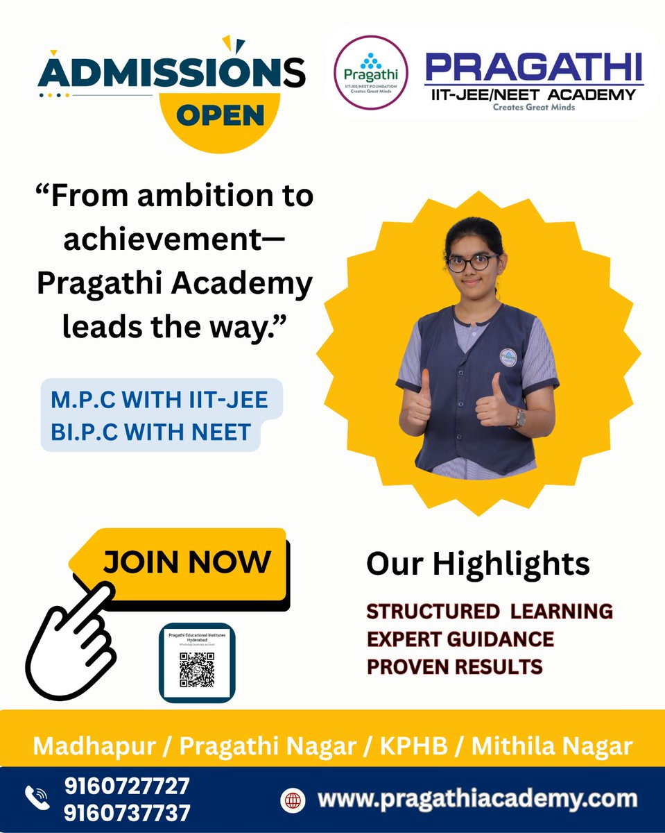 AcademyPragath's tweet image. Admissions open at Pragathi Academy! Transform your dreams into success with expert guidance, structured learning, and proven results. Join today for IIT-JEE &amp;amp; NEET coaching excellence. Limited seats available—enroll now!
#PragathiAcademy #AdmissionsOpen #IITJEE #NEETCoaching