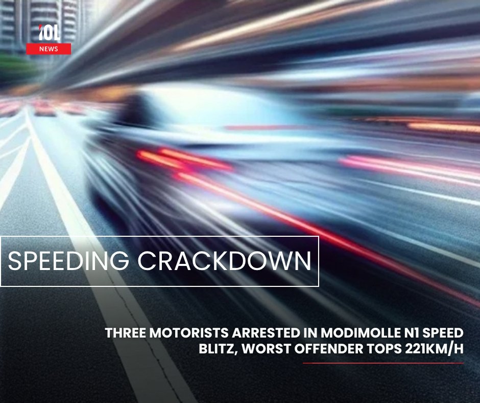 IOL's tweet image. A series of high-speed arrests on the N1 near Modimolle have triggered renewed warnings from transport authorities after three motorists were caught travelling at extreme speeds of up to 221km/h in separate incidents over two days.
#news #high #speed #arrests #motorists #N1