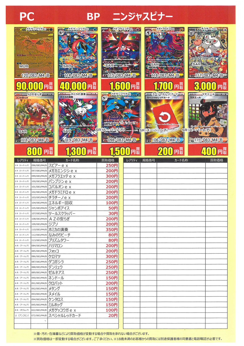 ポケモンカード 「#ニンジャスピナー」の買取表です。 ＼＼\٩( 'ω' )و