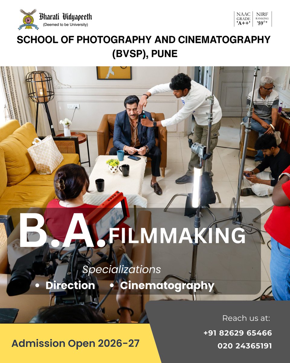 bvspimagespune's tweet photo. Turn your love for cinema into a career that lives behind the lens.

🎓 Admissions Open for 2026–27
📞 020 24365191 | +91 82629 65466
🌐 https://t.co/EP32BSR5PX

#bvsp #filmmakingcareer #filmschoolindia #cinematographylife #directionmatters #createyourstory #admissionsopen2026 https://t.co/Mj5hWKjFxG