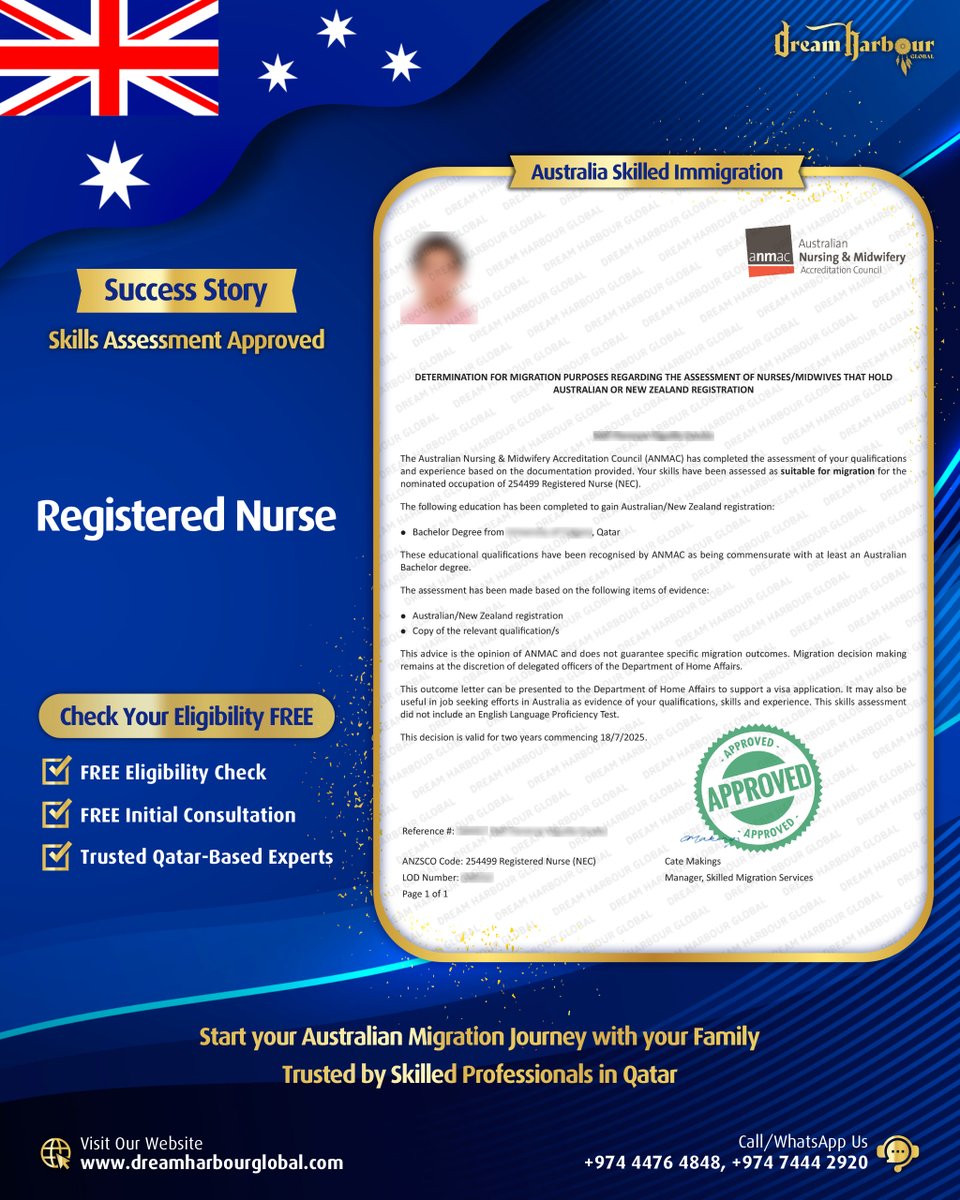 DreamHarbourG's tweet image. 🏆Success Story: Skills Assessment Approved! ✅
🎉#Congratulations to our #Australia #Migration client on receiving a #Positive #Skills #Assessment Result in #Qatar for the occupation of #RegisteredNurse #ANZSCO 254499