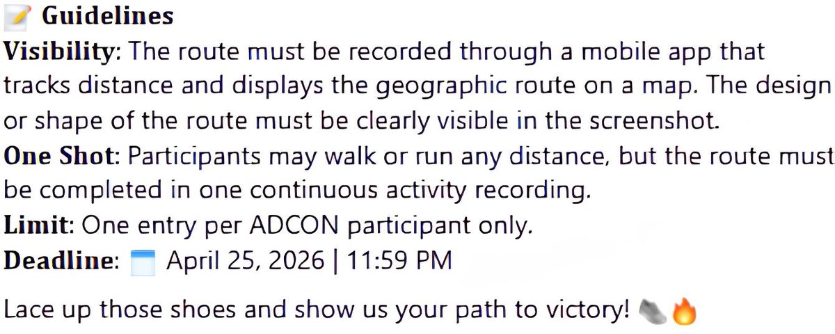 ADCON2026's tweet photo. 𝐓𝐡𝐞 𝐂𝐡𝐚𝐥𝐥𝐞𝐧𝐠𝐞
Design a unique route while running or walking using a fitness app (we highly recommend Strava!). Your path should form one of the letters in ADCON 2026 when viewed on the map.

Register for ADCON 2026:
🔗: https://t.co/GRoKhqdPc6 https://t.co/GfB9Dhf1OC