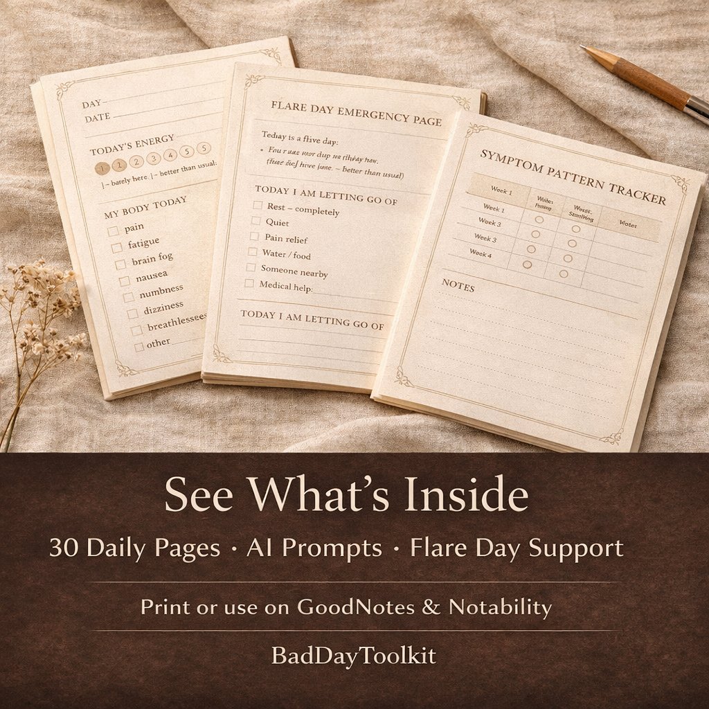 BadDayToolkit's tweet image. I made this for the days I can't think clearly.

A 45-page journal that starts where you are:
exhausted, in pain, unable to plan.

No pressure. Start anywhere.
One page is enough.

#spoonie #chronicillnessjournal