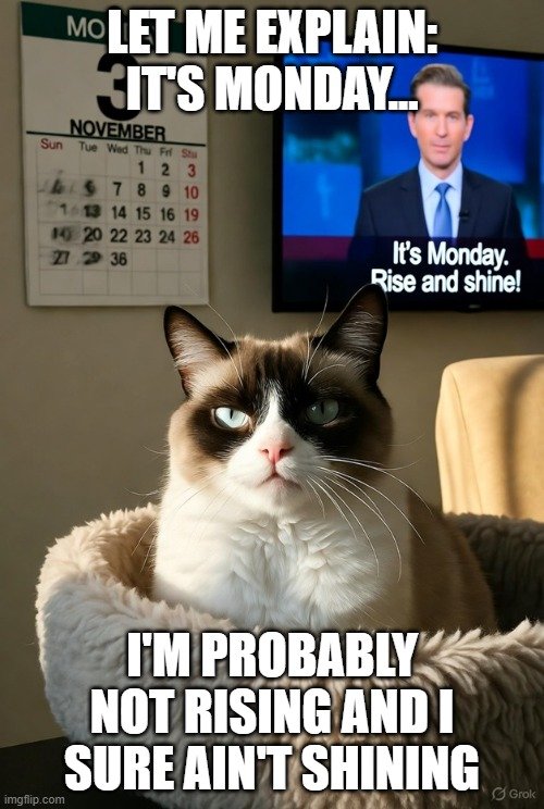 FlissZak's tweet image. Good morning and happy Monday.  Rise and shine?  Up to you, peeps!  But have a great week.

#WritingCommunity #poetrycommunity #readingcommunity  #GrumpyCat #GoodMorning #Monday