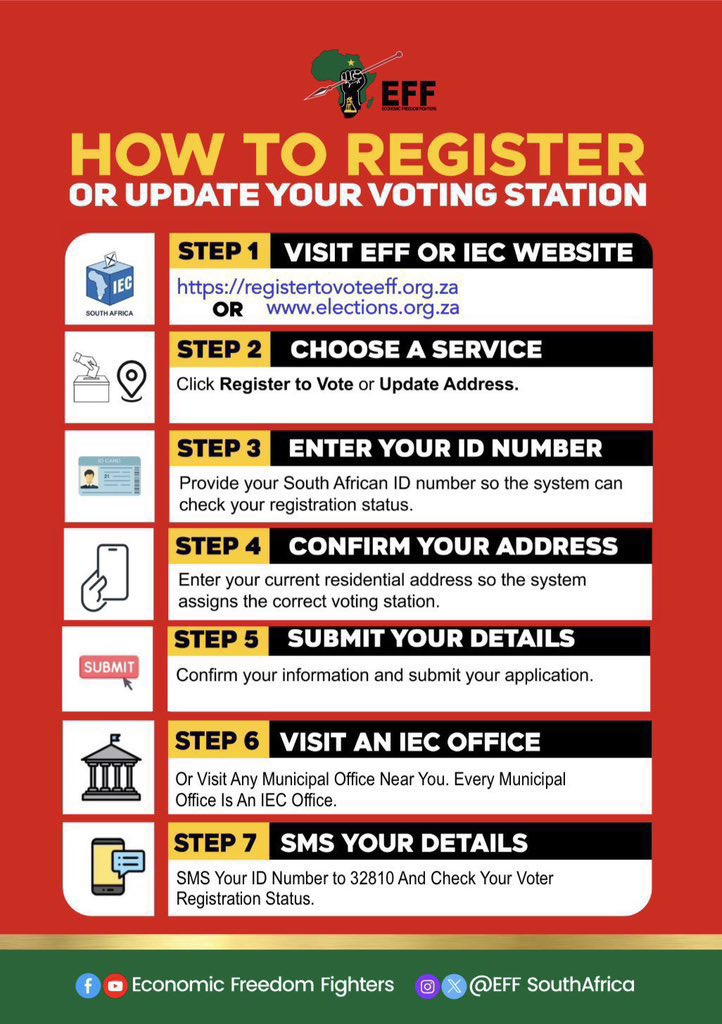 EFFSouthAfrica's tweet image. #RegisterToVoteEFF  In The 2026 Local Government Elections! 

Visit: registertovoteeff.org.za and follow the simple steps to complete your registration.