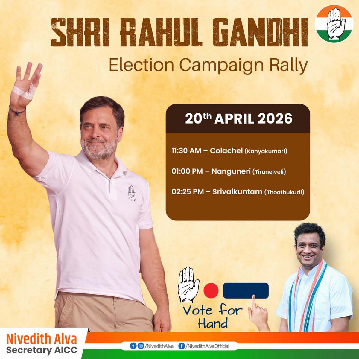 Today, our leader, Shri Rahul Gandhi ji  will address public meetings in Colachel, Nanguneri and Srivaikuntam.

📍 Tamil Nadu

Welcome Rahul ji. 🙏🏽

<a href="/RahulGandhi/">Rahul Gandhi</a> 

<a href="/girishgoaINC/">Girish Chodankar</a> <a href="/kcvenugopalmp/">K C Venugopal</a> 

<a href="/INCTamilNadu/">Tamil Nadu Congress Committee</a> <a href="/INCIndia/">Congress</a>