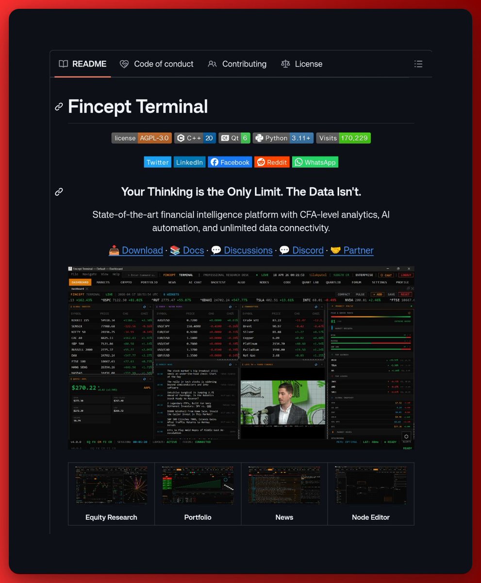 GithubProjects's tweet photo. Professional-grade quant analytics, AI-powered market research, and economic data tools.

It is a pure C++20 native desktop app delivering Bloomberg Terminal-level market analytics, investment research, and economic data tools, completely open source.

It packs a CFA-level analytics engine with AI automation into a single terminal application that costs $0 instead of $24,000/year.

Explore more:
https://t.co/yNrt5TvLSt