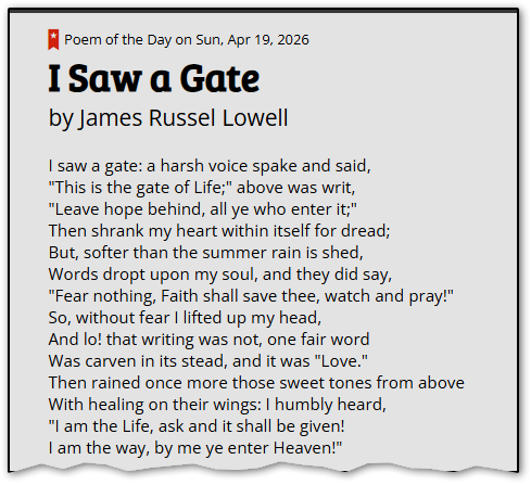 FlissZak's tweet image. Interesting Poem of The Day from Discover Poetry. A wee bit religious for my tastes but quite uplifting.  You judge.
discoverpoetry.com/poems/james-ru…

#WritingCommunity #poetrycommunity #readingcommunity #poem #POEMS  #poetry #PoemADay