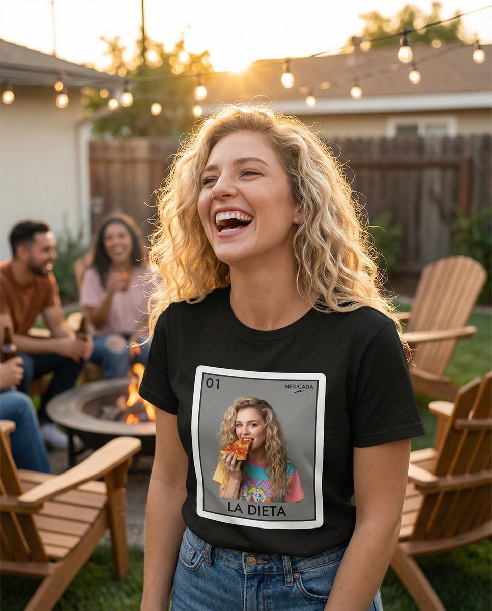 mexicada's tweet image. Tell me why backyard laughs hit harder at sunset.

This loteria tee feels way too much like me. Which card would your friends give you? #SummerNights