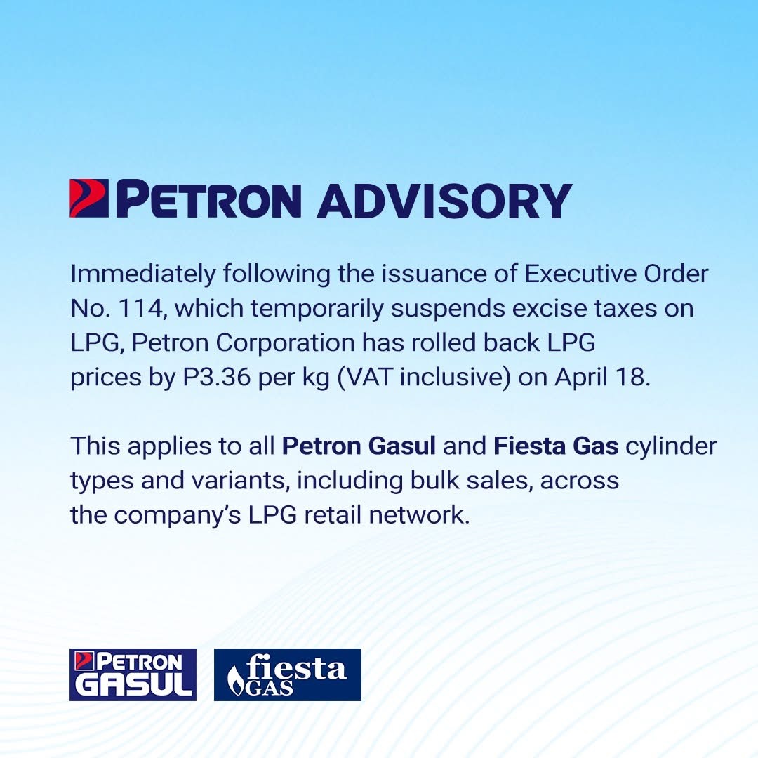 newswatchplusph's tweet photo. LOOK: Petron Corporation has announced a P3.36/kg rollback in the prices of its liquefied petroleum gas (LPG) products — Petron Gasul and Fiesta Gas — effective Saturday, April 18, following the temporary suspension of the excise tax on LPG. https://t.co/QbvFmFdSe9