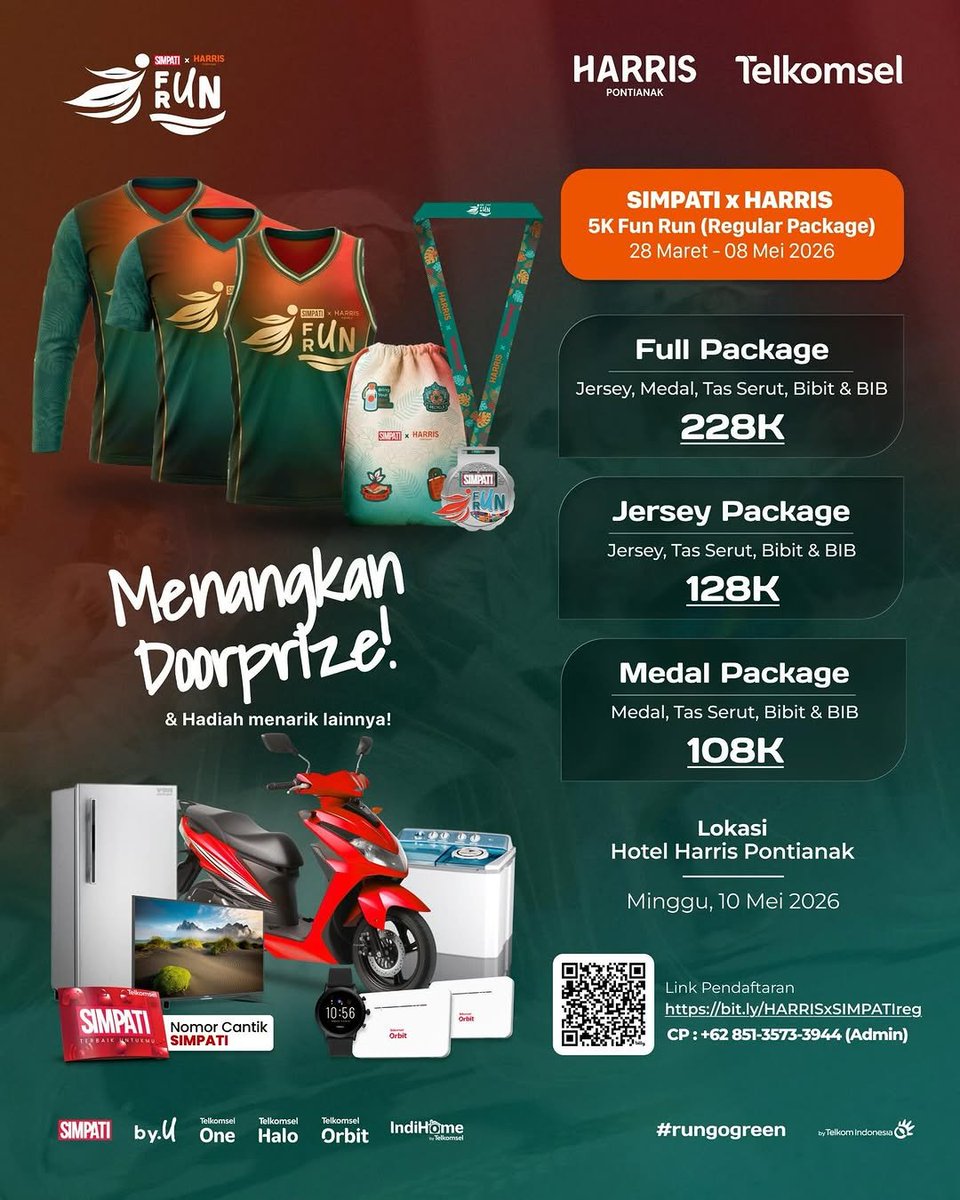 JadwalLari's tweet image. 👟SIMPATI x HARRIS Fun Run 2026
🗓️Minggu, 10 Mei 2026
🏃‍♂️5K
🏠HARRIS Hotel Pontianak, Jl. Gajah Mada No.150, Pontianak, Kalimantan Barat

#JadwalLari #FunRun #InfoLariPontianak #EventLariPontianak #SIMPATIHARRISFunRun