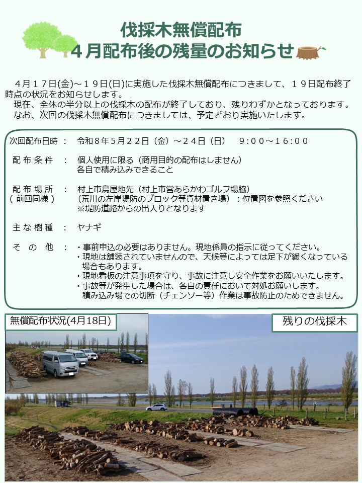 mlit_uetsu's tweet photo. 【伐採木無償配布　現在の残量について】
令和8年4月17日～19日に実施した伐採木無償配布は、19日配布終了時点で全体の半分以上が配布済みとなり、残りわずかとなっております。
次回配布日時：令和8年5月22日(金)～24日(日) 9:00～16:00
詳しくは詳細資料をご確認ください。 https://t.co/JLLIPJxSaj