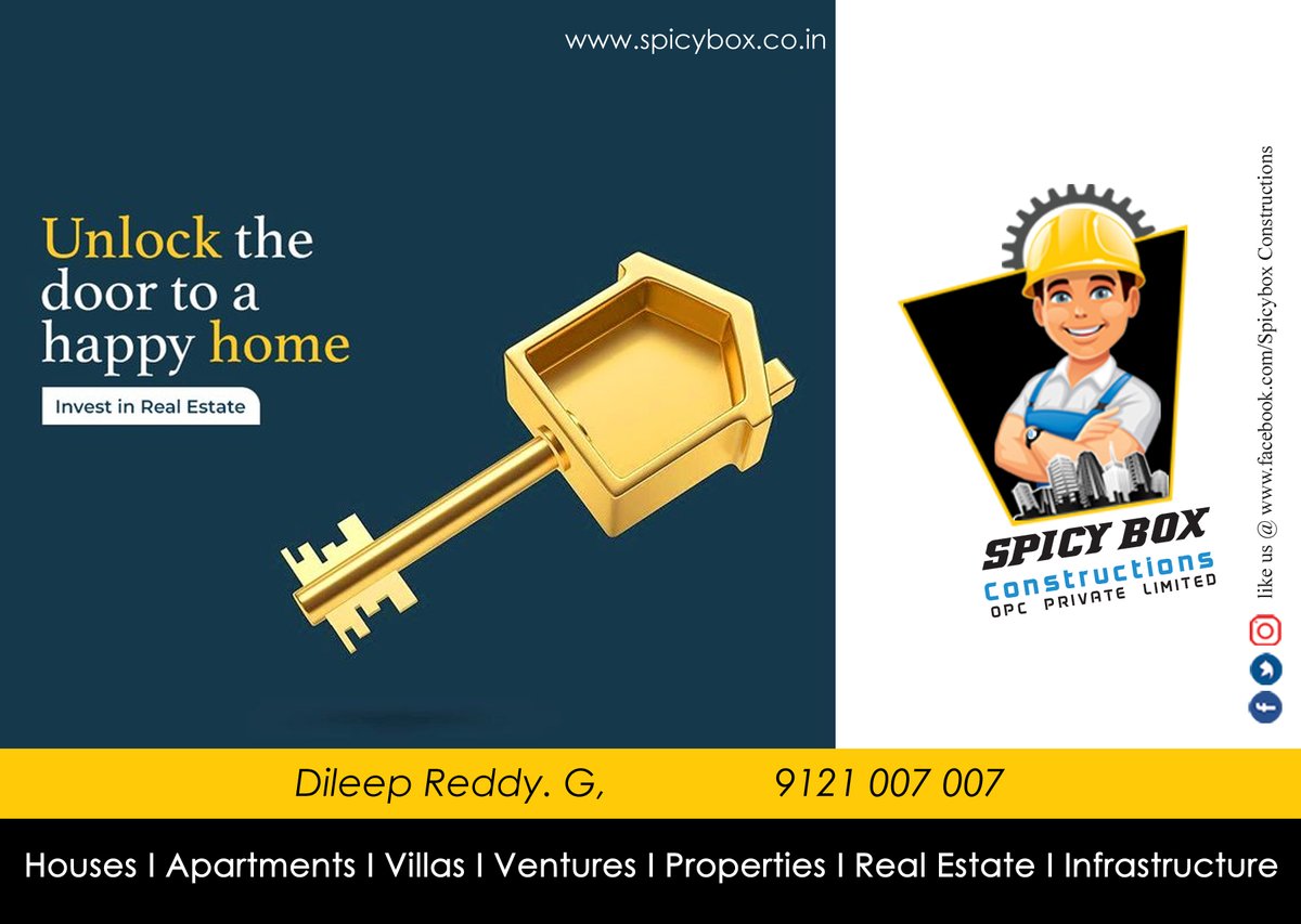 spicybox_constr's tweet image. Unlock the door to a happy home. Residential or commercial properties .
For more info: Spicybox Constructions Pvt Ltd
Contact: +91 9121 007 007
#properties #realestate #property #realtor #forsale #investment #realestateagent #househunting #home #newhome #realty #dreamhome
