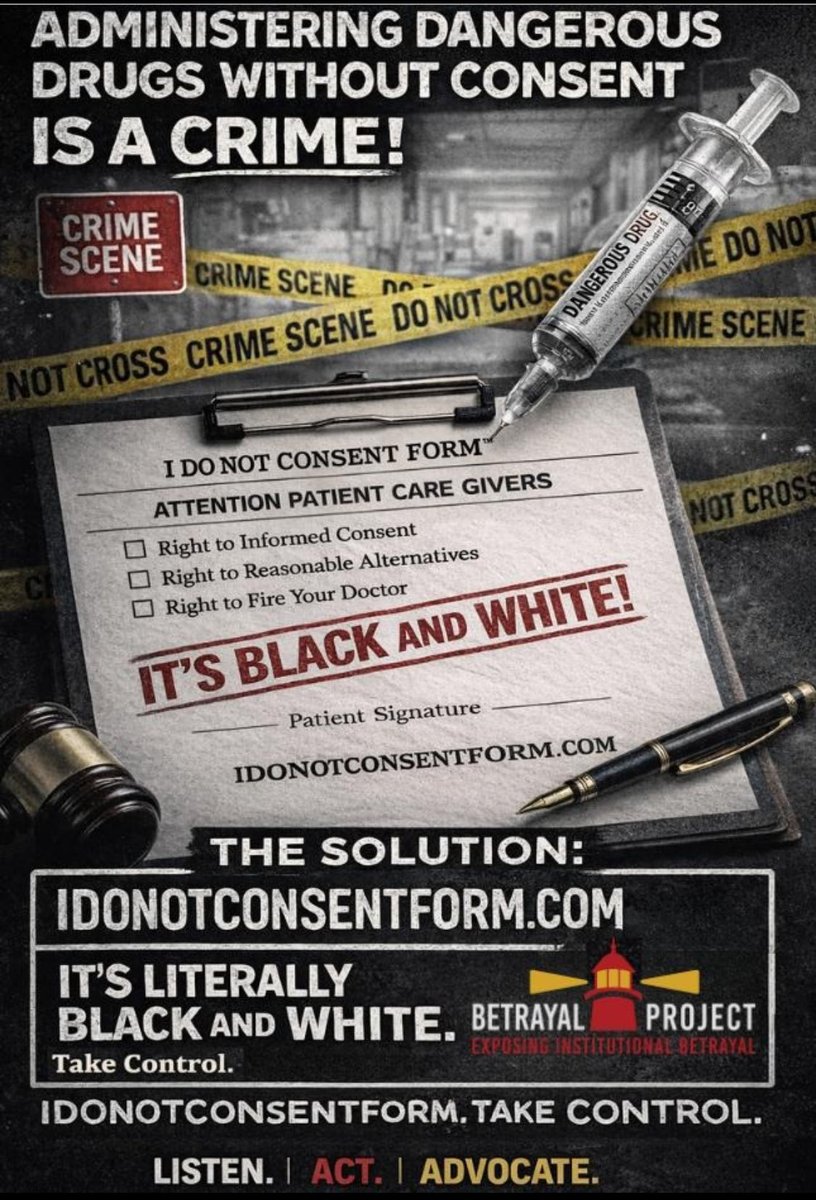 DrMargaretShow's tweet photo. This #CrimeVictimsWeek, we honor every victim — including survivors of hospital protocols & medical coercion.
🚨“Administering dangerous drugs WITHOUT CONSENT IS A CRIME!” 🚨
Arm yourself with the powerful “I Do Not Consent” form:
☑️https://idonotconsentform . com
Thank you @Saorise69 & @Betrayal_Proj for turning pain into protection. 💪
@ourptrights @PerfectShield1 @ALILAD @Healthwarrior86 @HealthRanger @Honest_Medicine @MicMeowed @LK_ERnurse @redshoesnblues
#PatientRights #MedicalFreedom #CrimeVictimsRightsWeek
