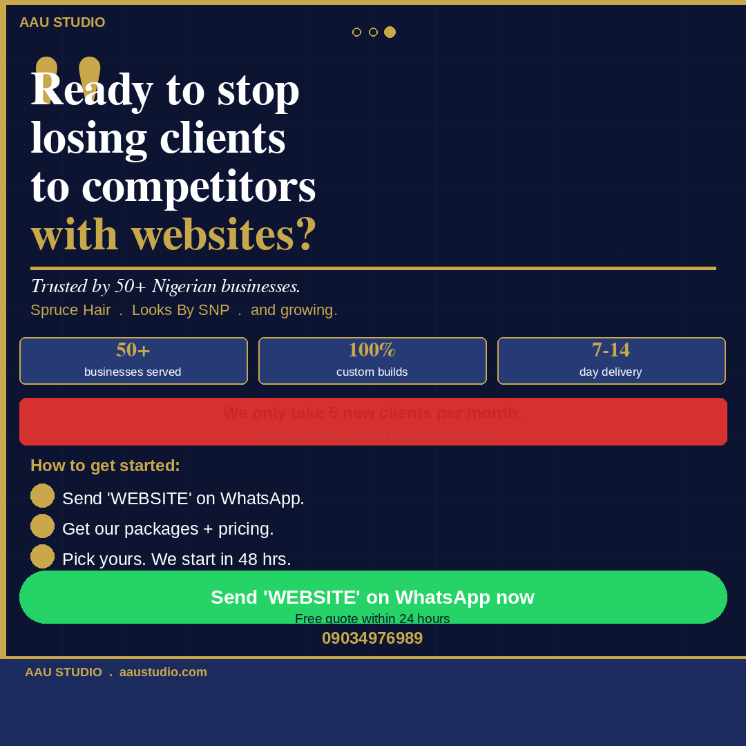 AAUStudio_'s tweet photo. Your competitors have websites. Do you?
Swipe ๐ to see:
โ What not having a website costs you
โ Everything included in an AAU Studio build
โ How to get started in 3 steps
From โฆ150k. 7-14 days. Custom only.
DM "WEBSITE" to start.
https://t.co/6LI8JbcAZv
#AAUStudio #WebDesign https://t.co/eEyTAvNiqI