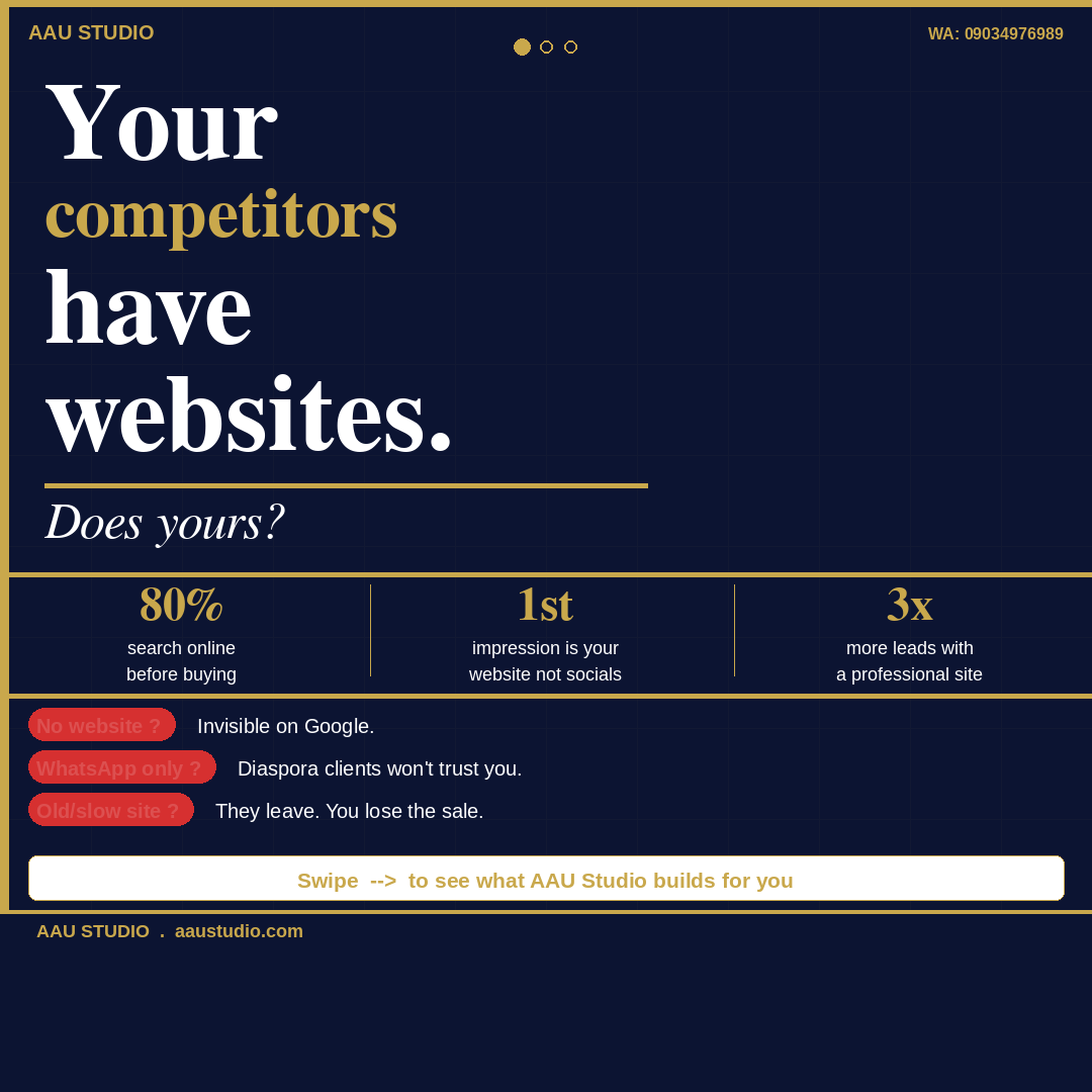 AAUStudio_'s tweet photo. Your competitors have websites. Do you?
Swipe ๐ to see:
โ What not having a website costs you
โ Everything included in an AAU Studio build
โ How to get started in 3 steps
From โฆ150k. 7-14 days. Custom only.
DM "WEBSITE" to start.
https://t.co/6LI8JbcAZv
#AAUStudio #WebDesign https://t.co/eEyTAvNiqI