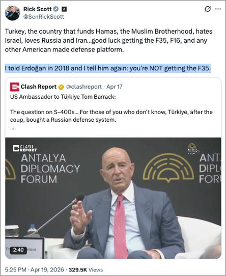 HarrisSamaras's tweet image. "I told Erdogan in 2018 and I tell him again: You're NOT getting the F-35."
- Florida's U.S. Senator, Rick Scott

| @SenRickScott @USAMBTurkiye @clashreport @RTErdogan #Turkey #USA 
x.com/SenRickScott/s…