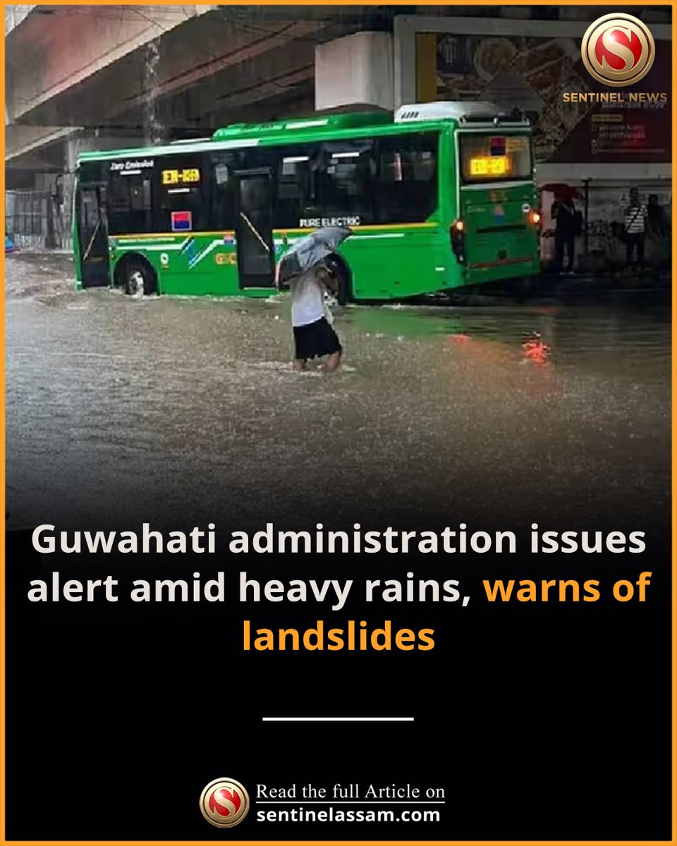 Sentinel_Assam's tweet image. The Kamrup Metropolitan District Administration has issued an alert in Guwahati amid continuing torrential rainfall, warning of possible landslides and artificial waterlogging in different parts of the city. 

#TheSentinel #Guwahati #Flood