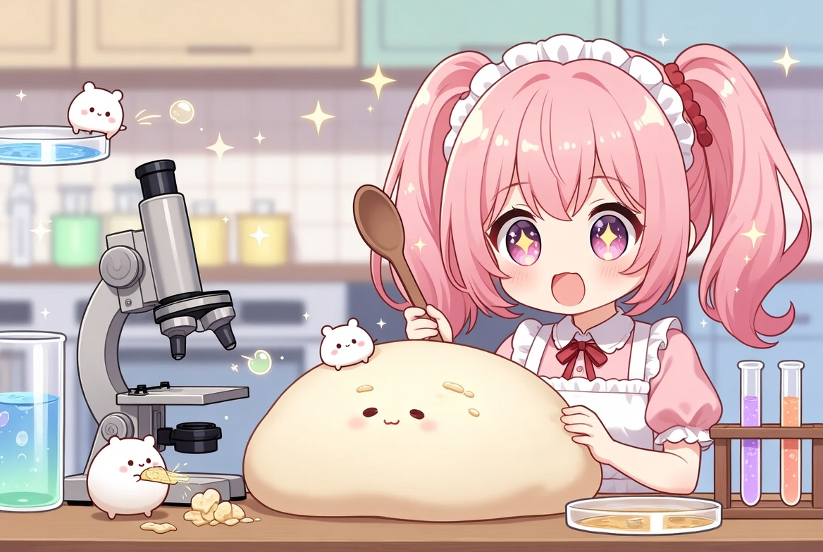 ixeac's tweet photo. 見えない生き物のおしごと🍞

イースト菌もぐもぐ砂糖を食べる🧫
ぷくぷくガスで生地がふくらむ🎈

生き物のしごとでパンが大きくなるよ🌿
台所で小さな工場が動いている🔬

ふわふわのひみつは目に見えない力✨
毎日がふしぎな実験の時間🌈

#パン作り #発酵 #食のふしぎ https://t.co/ygzePskgR8