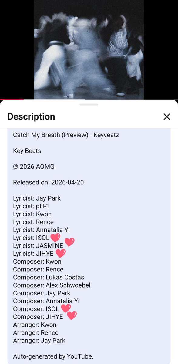 Isolbase's tweet photo. MVNGG member ISOL has been credited as a composer and lyricist for Keyveatz upcoming song "Catch My Breath".
#ISOL #MVNGG #JAYPARK https://t.co/SRzLoAoinL