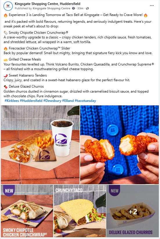 KingsgateShops's tweet image. Landing Tomorrow at Taco Bell at Kingsgate.
..it’s packed with bold flavours, returning legends, and seriously indulgent treats. Get your sneak peek at what’s about to drop on our Facebook Page :
facebook.com/kingsgatehudde…
#Huddersfield #Kirklees #tacos