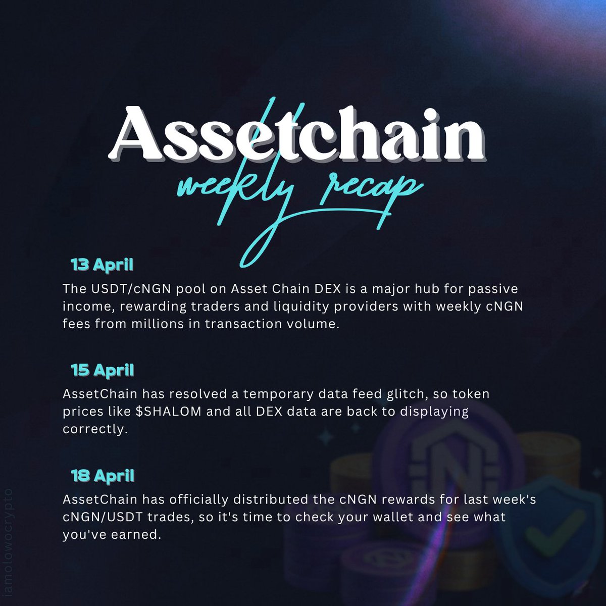 realolowocrypto's tweet image. GM to all fellow #ASSETs!

  Welcome to this week’s Visual Recap, where @rwaassetchain highlights key updates around the it's #DEX.

Wishing you all a prosperous and productive new week ahead 🚀✨
---
@xendfinance @Shalom_Token @wicrypt @cngn_co #WeeklyRecap #BuiltOnAssetChain