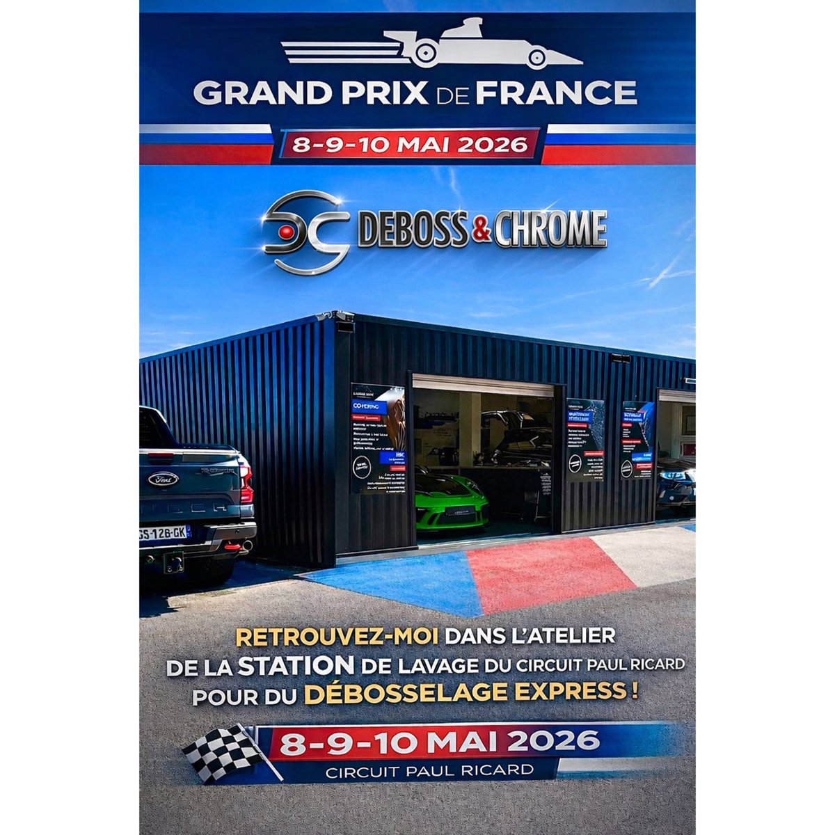 Debossandchrome's tweet photo. 🔥 Grand Prix de France Historique 8, 9 &amp; 10 Mai 🏎️

Pour ces 3 jours, retrouvez-moi directement au Circuit Paul Ricard 🏁, en partenariat avec la station de Lavage Auto du Castellet ! 💦🚗✨

👉 Pendant tout le week-end sans RDV :
• Débosselage sans peinture express https://t.co/0iV9FSKktw