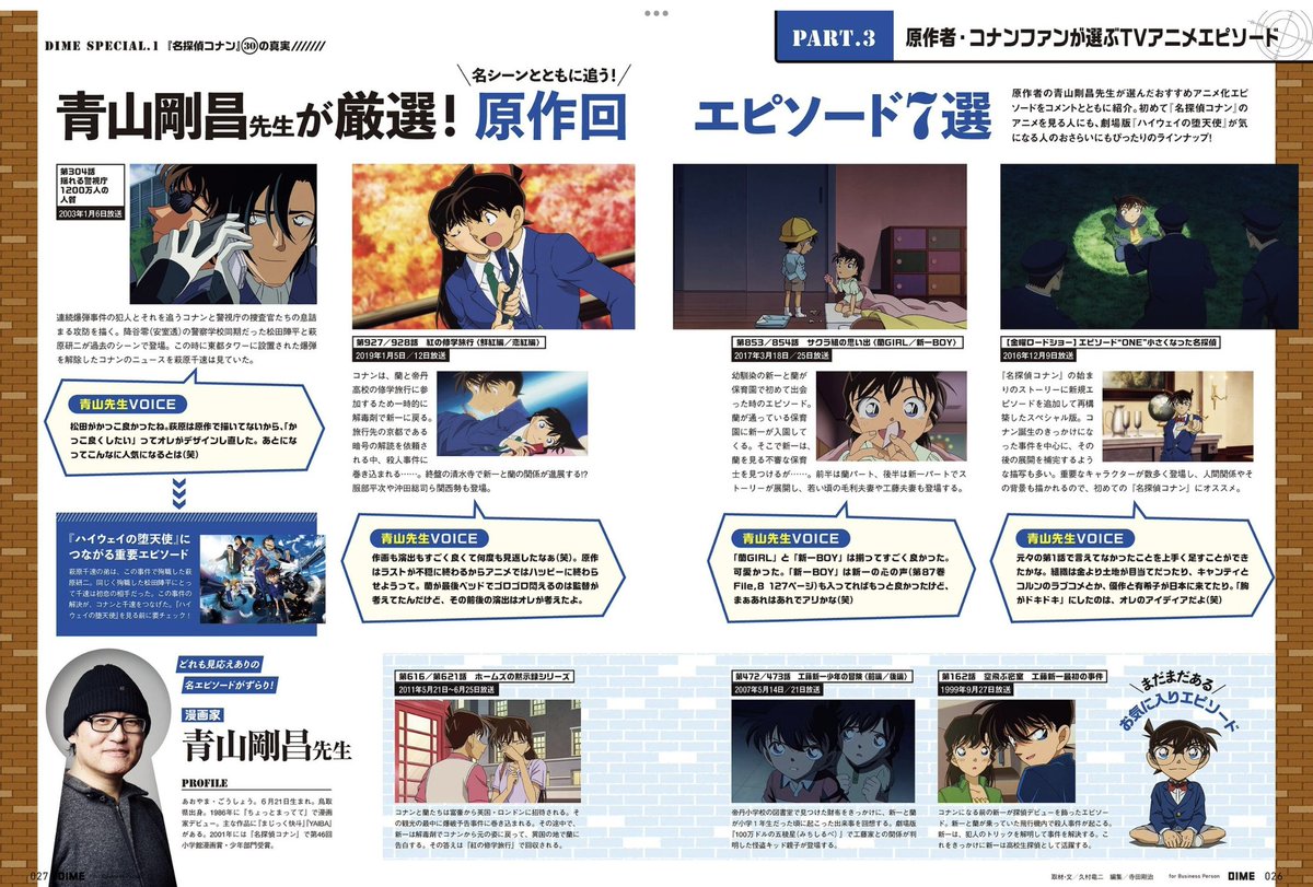 From DIME magazine 7 episode listing recommended television anime of Detective Conan selected by the original creator, Gosho Aoyama....
#Detectiveconan 

Threads comments from Sensei about two episode ShinRan 927  and 853 :-