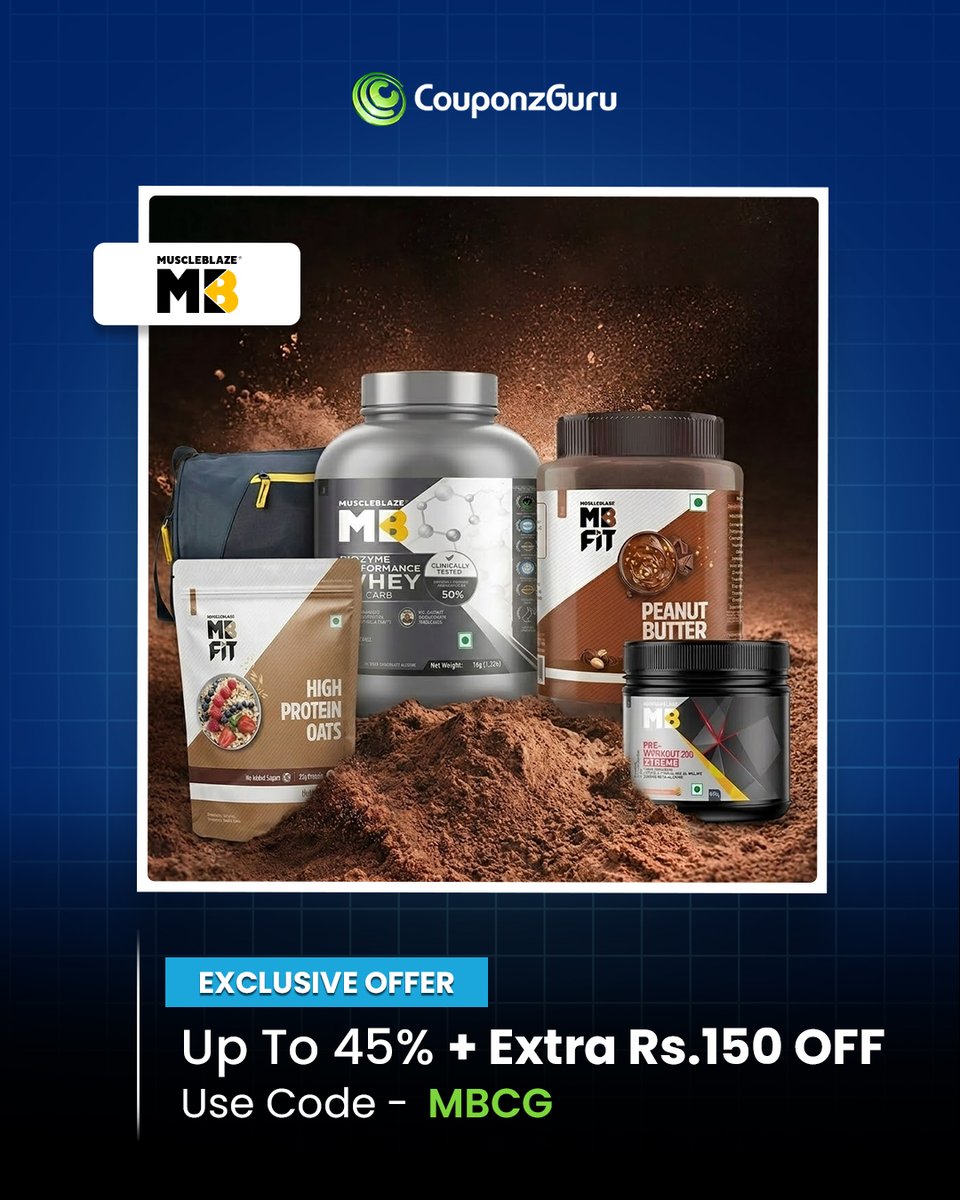 couponzguru's tweet image. Exclusive Coupon!
- Get Upto 45% Off On Whey Proteins &amp;amp; More.
- Also Avail Extra Rs.150 Off On Minimum Purchase Of Rs.1,999.

Checkout CouponzGuru To Get More Such Coupon Code.

#WheyProtein #musclebuilding #dealoftheday #gymlife #CG15Fest #CGTurns15 #cg15thanniversary