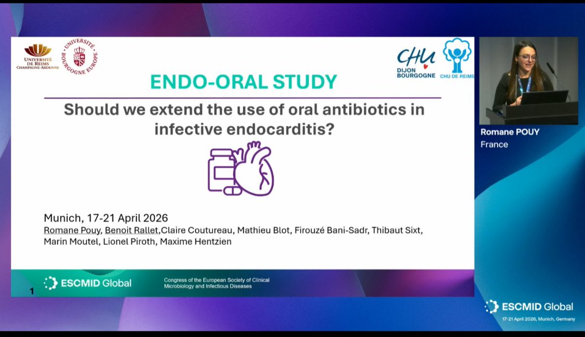 ABsteward's tweet photo. ▶️The ENDO-ORAL Cohort study
Should we extend the use of oral antibiotics in infective endocarditis? 
#ESCMIDGlobal2026 #IEWiki https://t.co/aKozFlAUcV