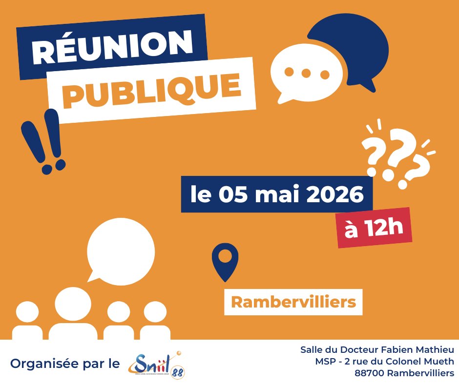Sniil1's tweet image. [🗣️ Réunion publique]
Le Sniil 88 organise une réunion ouverte à tous !

🗓5 mai 2026
⏰12h
📍Rambervilliers, MSP - Salle Docteur Fabien Mathieu, 2 rue du Colonel Mueth

👉 Information &amp;amp; réservation : sniil.fr/agenda/

#evenement #vosges #reunion