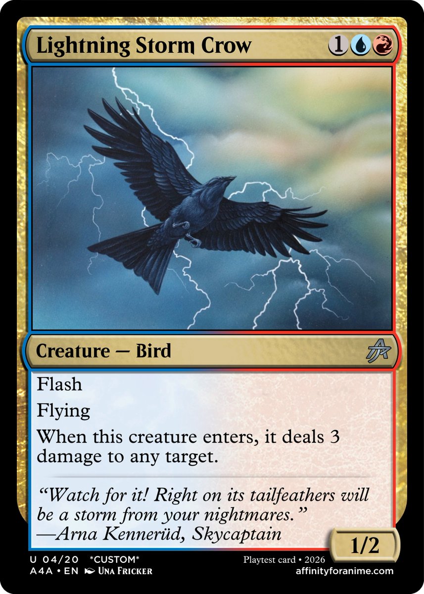 affinity4anime's tweet image. You've heard of "bolt the bird." But what about "bolt with bird"? Lightning Bolt and Storm Crow together on one card? It must be so OP! (This custom card was inspired by Una Fricker's original art from Portal.) #mtg #magicthegathering