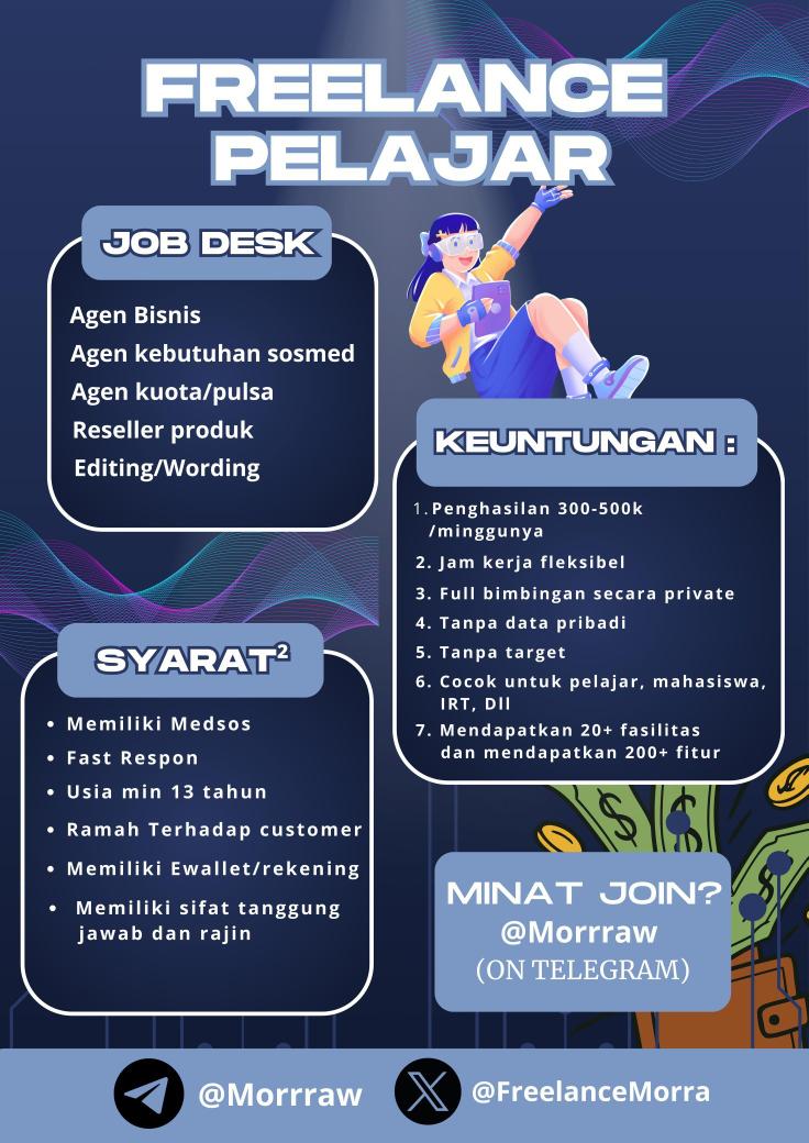 FreelanceMorra's tweet image. OPEN RECRUITMENT‼️

aku open kembali freelance/wfh nih, buat yg lagi nyari penghasilan sampingan bisa sung join freelance aku ni, hasilnya cuan bgt dlm semingu ini dpt 300k.. cocok untuk pelajar, mahasiswa, dll.. 

minat? cht tele @/Morrraw

#freelance #loker #wfh #job #zonauang
