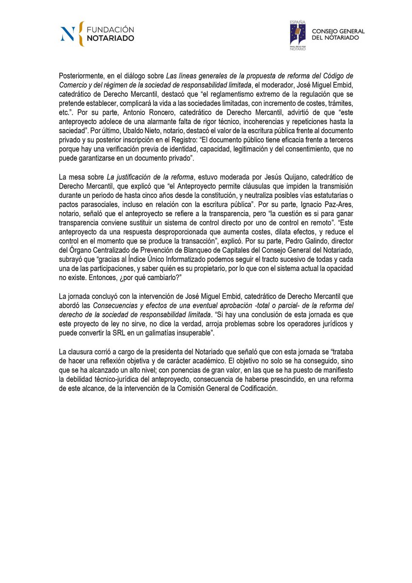 🗣️ Durante la jornada señalaron que el anteproyecto plantearía sustituir el sistema actual de adquisición de participaciones, basado en la escritura pública, por la inscripción constitutiva en el Registro Mercantil del documento privado de venta

❌ Este cambio supondría la