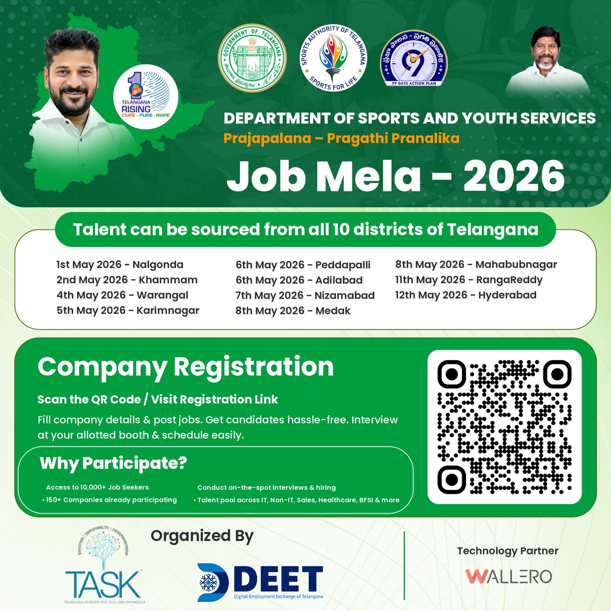 tasktg's tweet image. Hiring across Telangana just got easier!

Job Mela 2026 is here, bringing talent from 10 districts to your doorstep.
Dates: 1st- 12th May
Venue: Multiple districts
Scan the QR code and register your company today.  #JobMela2026 #Hiring #TelanganaJobs #TASK #DEET