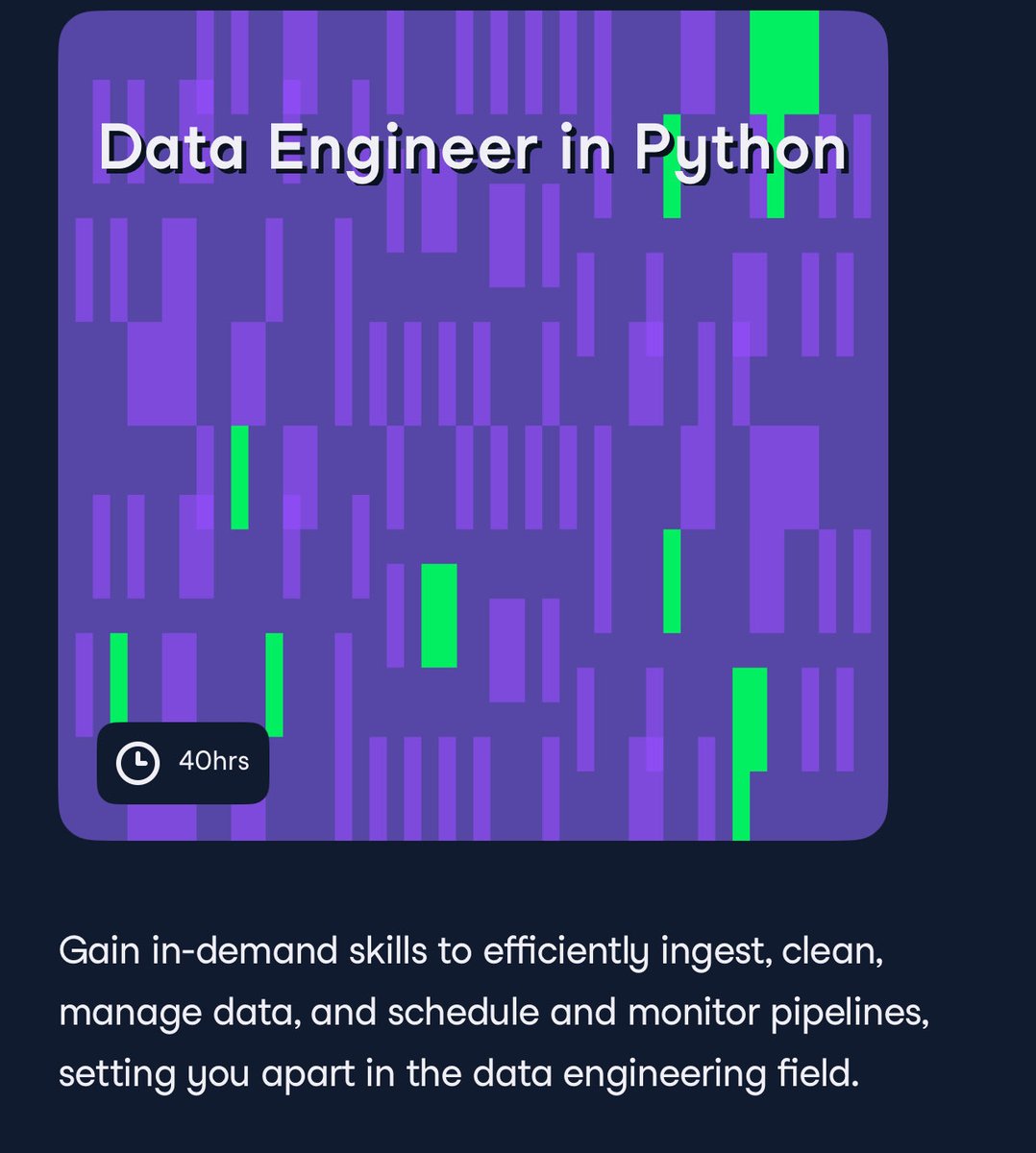 Festy_alex's tweet image. Just enrolled in the Data Engineer in Python track on DataCamp. 40 hours. No idea what I’m getting into. But the journey starts today.
Let’s see where this goes. 🚀
#DataEngineer #CloudComputing #DCA