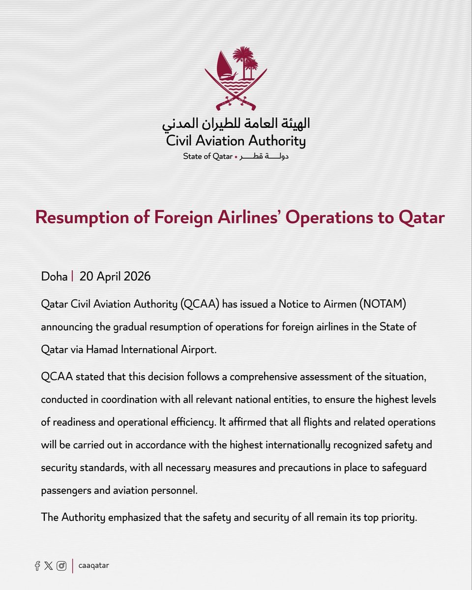 fl360aero's tweet image. Qatar Civil Aviation Authority (QCAA) announces the resumption of Foreign Airlines' operations to Qatar following a comprehensive assessment conducted in coordination with relevant national entities.

#airport