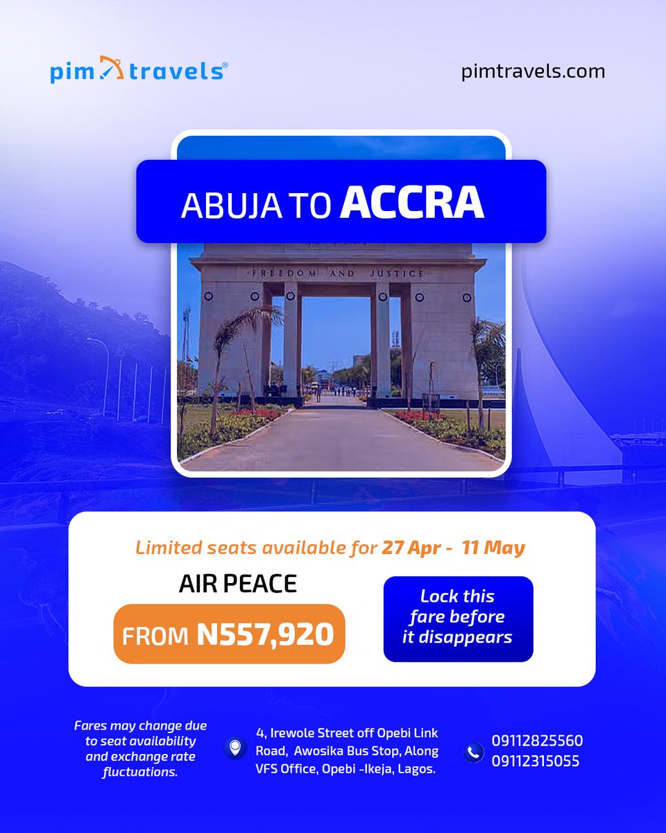 pimtravels_ng's tweet image. If you've been "planning" this trip since last year...👀

Anyways, updated fares just dropped.

Don't overthink, just book it.

0911 282 5560 on WhatsApp l pimtravels.com

#pimtravels #travel #TravelSmart I Arsenal I Happy New Week I Bottlers FC