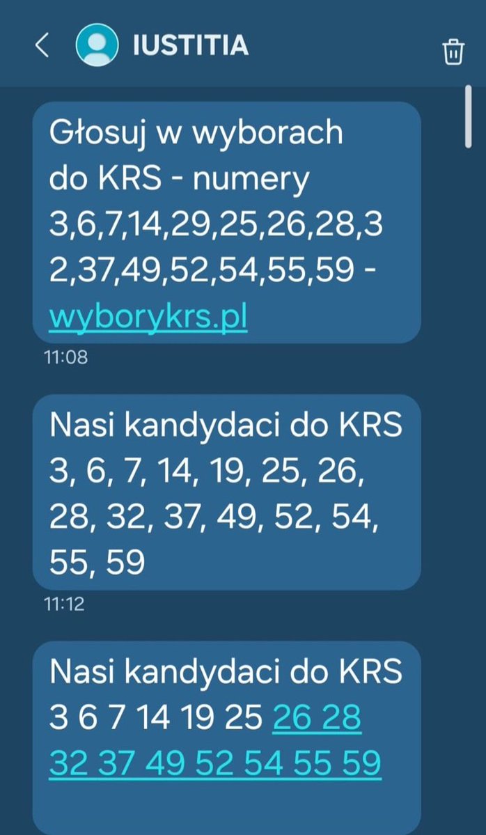 ⛔️

Ustawione wybory do <a href="/KRS_RP/">Krajowa Rada Sądownictwa</a> 🐊

Takiej treści ⬇️ smsy wysyłają swoim zausznikom i stronnikom naganiacze z <a href="/JudgesSsp/">IUSTITIA Stowarzyszenie Sędziów Polskich</a>.

Nazwisko i kompetencje kandydata to sprawa drugorzędna - członkowie zgromadzeń sędziowskich mają za zadanie oddać głos na konkretne ... numery.

To świadczy