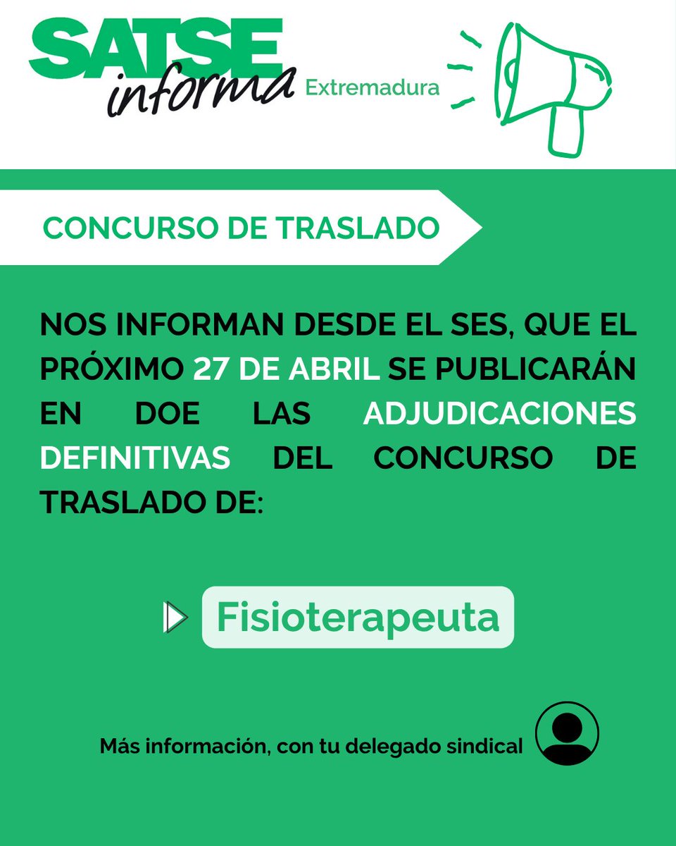 📢 CONCURSO DE TRASLADO  

El SES publicará el próximo 27 de abril en el DOE las adjudicaciones definitivas del concurso de traslado de: 

➡️FISIOTERAPEUTA

➕Más información, con tu delegado sindical