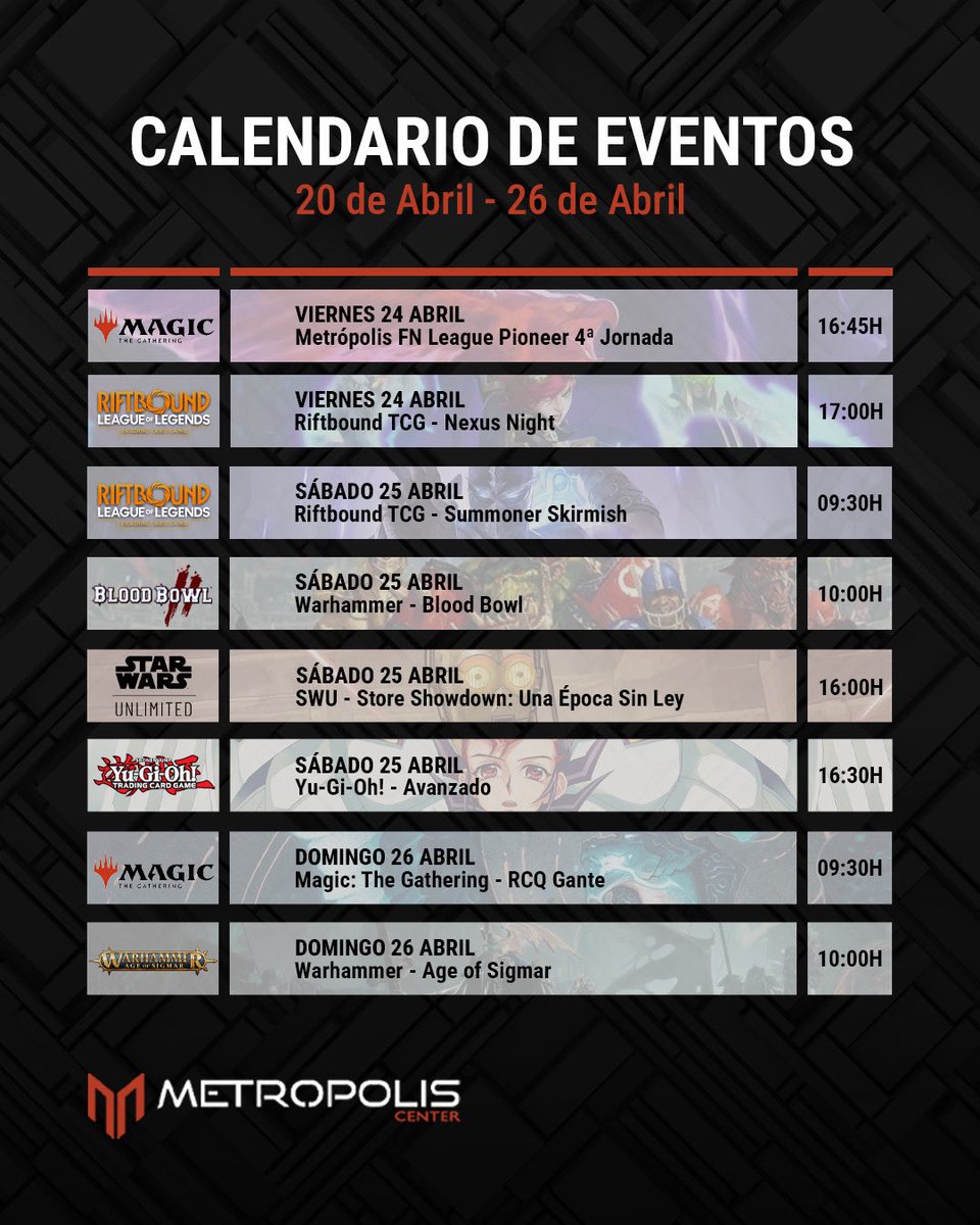 MetropolisCnter's tweet photo. 📅 Aquí tenéis el calendario de eventos semanal de #metropoliscenter
➡️ Desde eventos para principiantes hasta eventos claramente competitivos, donde destacamos la Metroliga Standard de Pokémon TCG, la cuarta jornada de las Metropolis Friday Night League de Pioneer, el RCQ de Magic, o el Summoner Skirmish de Riftbound.
📱 Más información e inscripciones en https://t.co/9gXUx48AhN
#tcg #pokemon #yugioh #MagicTheGathering